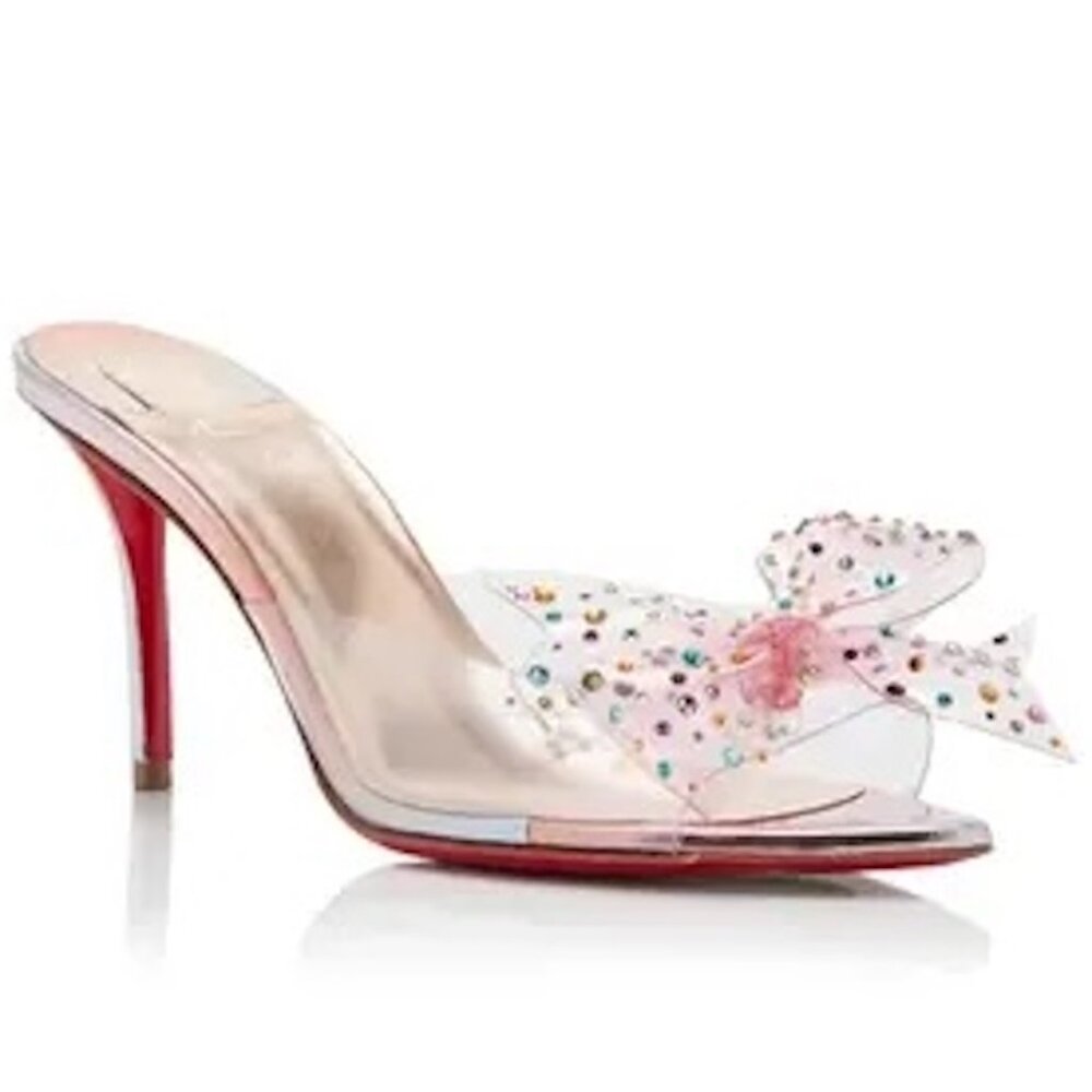 Christian Louboutin AQUA STRASS 80 PVC Crustal Bow Mule Sandals Heels